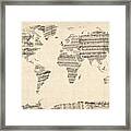 Map Of The World Map From Old Sheet Music Framed Print
