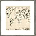 Music Notes Map Of The World Map Framed Print