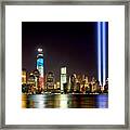 New York City Skyline Tribute In Lights And Lower Manhattan At Night Nyc Framed Print