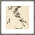 Old Sheet Music Map Of Italy Map Framed Print