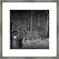 Old Water Pump With Metal Bucket In Black And White Framed Print