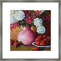 Painting Of Pink Pitcher And Strawberries Framed Print
