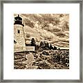 Pemaquid Point Lighthouse Stormy Autumn Day Sepia Antique Distressed Framed Print