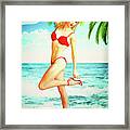 Pin-up Beach Blonde In Red Bikini Framed Print