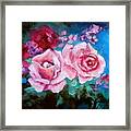 Pink Roses On Blue Framed Print
