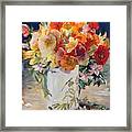 Poppies, Clematis, And Daffodils In Porcelain Vase. Framed Print