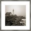 Portland Head Lighthouse In Fog Sepia Framed Print