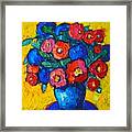 Red Poppies And Blue Flowers - Abstract Floral Framed Print
