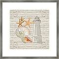 Refreshing Shores - Lighthouse Starfish Nautilus N Conch Over Driftwood Background Framed Print