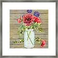 Rustic Country Red Poppy W Alium N Ivy In A Mason Jar Bouquet On Wooden Fence Framed Print