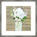 Rustic Country White Hydrangea N Matillija Poppy Mason Jar Bouquet On Wooden Fence Framed Print