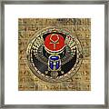 Sacred Egyptian Winged Scarab With Ankh In Gold And Gems Over Papyrus Covered With Hieroglyphics Framed Print