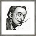 Salvador Dali Portrait Black And White Watercolor Framed Print
