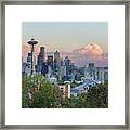 Seattle Washington City Skyline At Sunset Framed Print