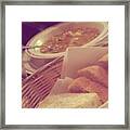 Sliced French Bread Steaming Soup Framed Print