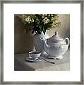 Still Life With White Tea Set And Bouquet Of White Flowers Framed Print