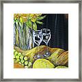 Still Life With Wine Glasses, Roses And Fruit. Painting Framed Print