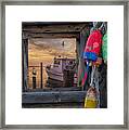 Sunrise Photograph Of Boat With Gulls And Fishing Buoys Framed Print