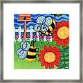 Two Bees With Red Flowers Framed Print