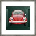 Volkswagen Type 1 - Red Volkswagen Beetle On Green Canvas Framed Print