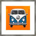 Volkswagen Type 2 - Blue And White Volkswagen T 1 Samba Bus Over Orange Canvas Framed Print