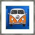 Volkswagen Type - Orange And White Volkswagen T 1 Samba Bus Over Blue Canvas Framed Print