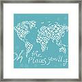 World Map White Star Turquoise Framed Print