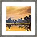 Yellow Gold Sunset-china Guilin Scenery-lijiang River In Yangshuo Framed Print