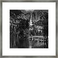 Yosemite Falls From Swinging Bridge In Black And White Framed Print