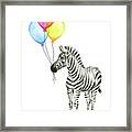 Zebra Watercolor With Balloons Framed Print