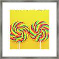 Rainbow Lollipop Candy On Bright Yellow Wood Table.  #3 Framed Print