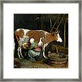 A Maid Milking A Cow In A Barn Framed Print