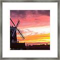 A Windmill At Cley Next The Sea, North Norfolk, Uk, With Blakeney Church In The Background At Sunset. Framed Print