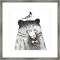 Bear With A Bird On His Head - Pencil Framed Print