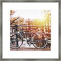 Bicycles Parked On A Bridge In Amsterdam Framed Print
