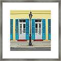 Blue Shutter And Lamp Post In French Framed Print