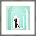 Buddhist Monk Sweeping Arced Temple Framed Print