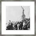 Children Waving To Statue Of Liberty Framed Print