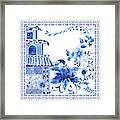 Chinoiserie Blue And White Pagoda With Stylized Flowers And Chinese Chippendale Border Framed Print
