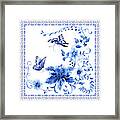 Chinoiserie Blue And White Pagoda With Stylized Flowers Butterflies And Chinese Chippendale Border Framed Print