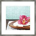 Close Up Of A Pink Orchid On Wooden Tray Framed Print