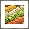 Close Up Of Coloured Macaroons In Store Framed Print