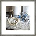 Coiled Rope On Whitewashed Tree Trunk On Floor In Front Of Fan With White-painted Metal Drums In Background Framed Print