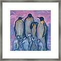 Emperor Penguins With Baby Chicks, Antarctic Winter, Pink And Blue Framed Print