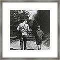 Father And Son Strolling For Fishing In Framed Print