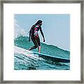 Full Body Of A Stylish Female Surfer On A Wave Framed Print