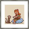 Girl Reads Book To Cat Vector Framed Print