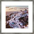 Greece, Aegean Islands, Cyclades, Santorini Island, Greek Islands, Oia Village At Sunset Framed Print