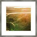Icelandic Landscapes, Sunset In A Meadow With Horses Grazing  Ba Framed Print
