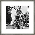 Man Riding Bicycle, Waving, B&w Framed Print